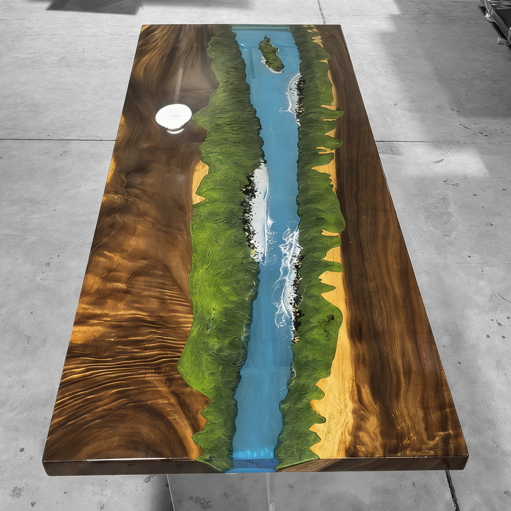 Grand Rapids Valleyscape deep turquoise epoxy river table unique handmade wood dining table for 6-8 people