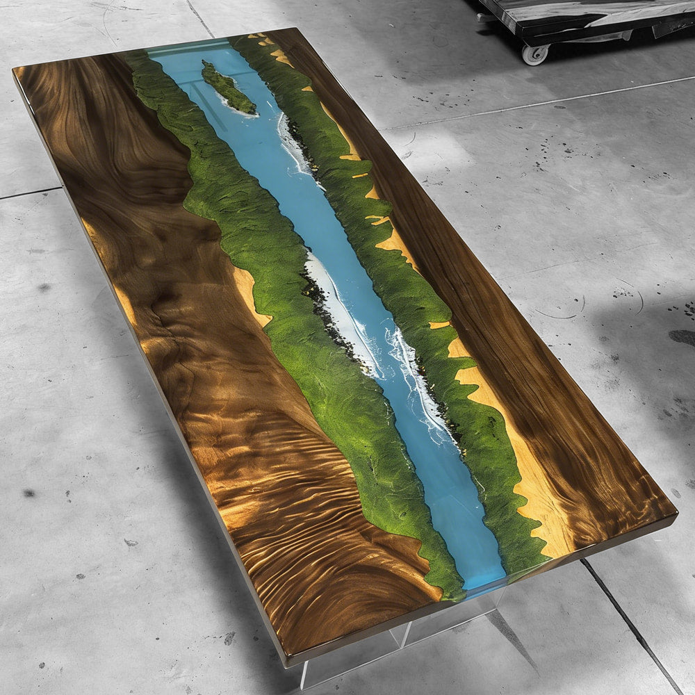 Grand Rapids Valleyscape deep turquoise epoxy river table unique handmade wood dining table for 6-8 people