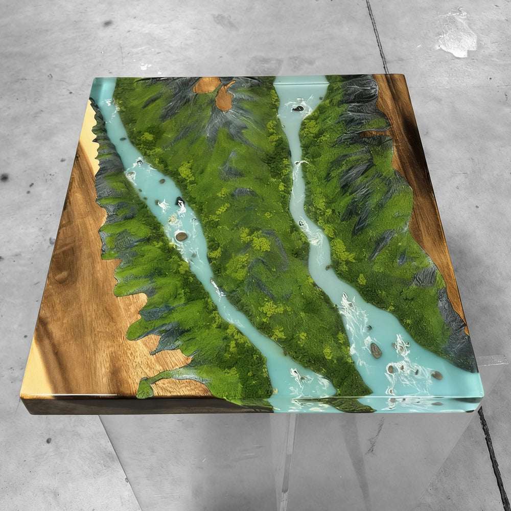 Grand Rapids Valleyscape deep turquoise epoxy river table unique handmade wood coffe table