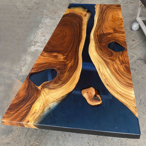 Live edge river navy blue resin dining table natural wood dining table free shipping - MOOKAFURNITURE
