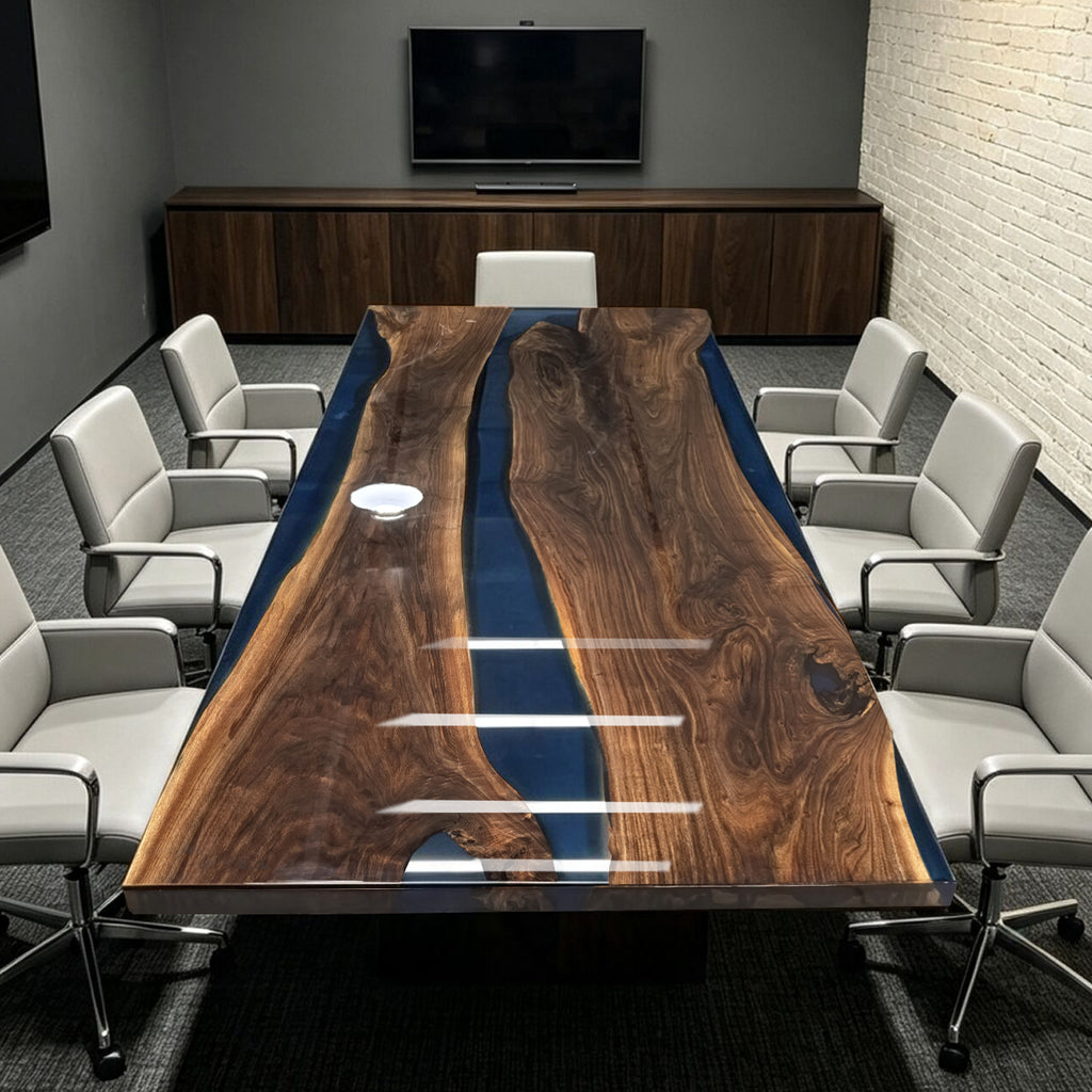 10feet teal blue resin exotic black walnut wood meeting room table for 10 people