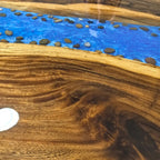 Stylish dining table with blue resin river natural pebbles rocks leaf handmade table for 6-8 people - MOOKA FURNITURE