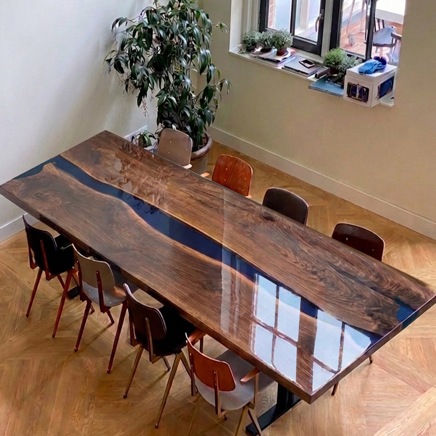 Black walnut glossy dining table deep blue epoxy river table for 10 people