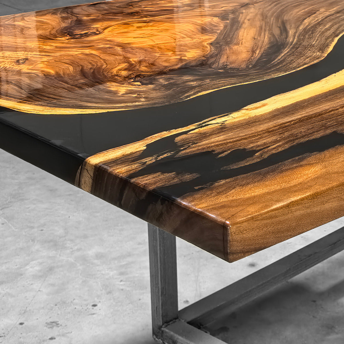 Custom made black epoxy river solid natural wood dining table for 8 seats