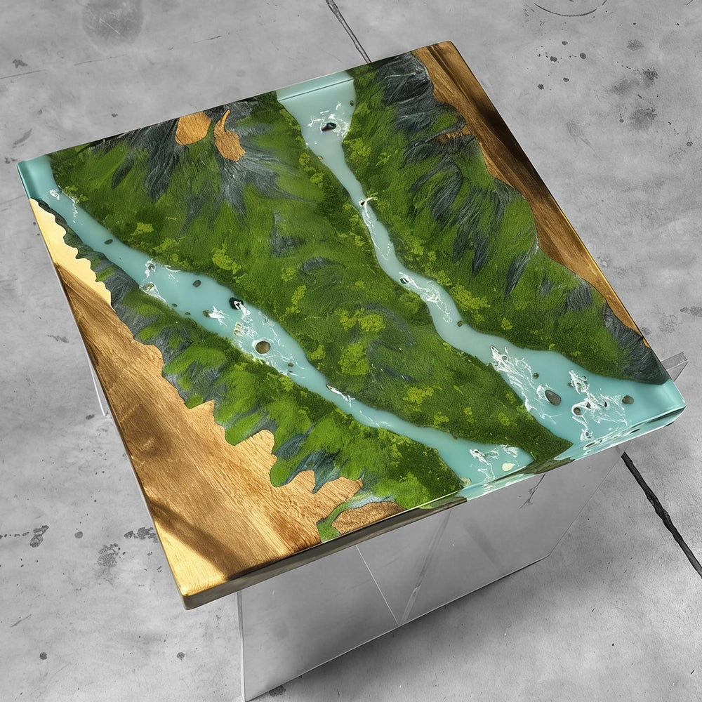 Grand Rapids Valleyscape deep turquoise epoxy river table unique handmade wood coffe table