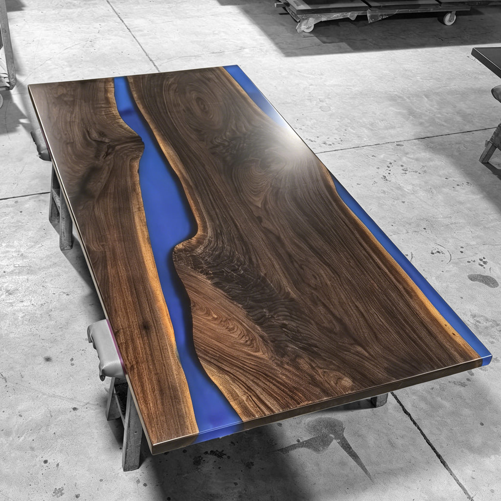 Luxury exotic black walnut slab with blue epoxy dining table for 8-10 people