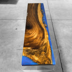 Stylish wood bench with blue resin river natural pebbles rocks leaf handmade bench - MOOKA FURNITURE