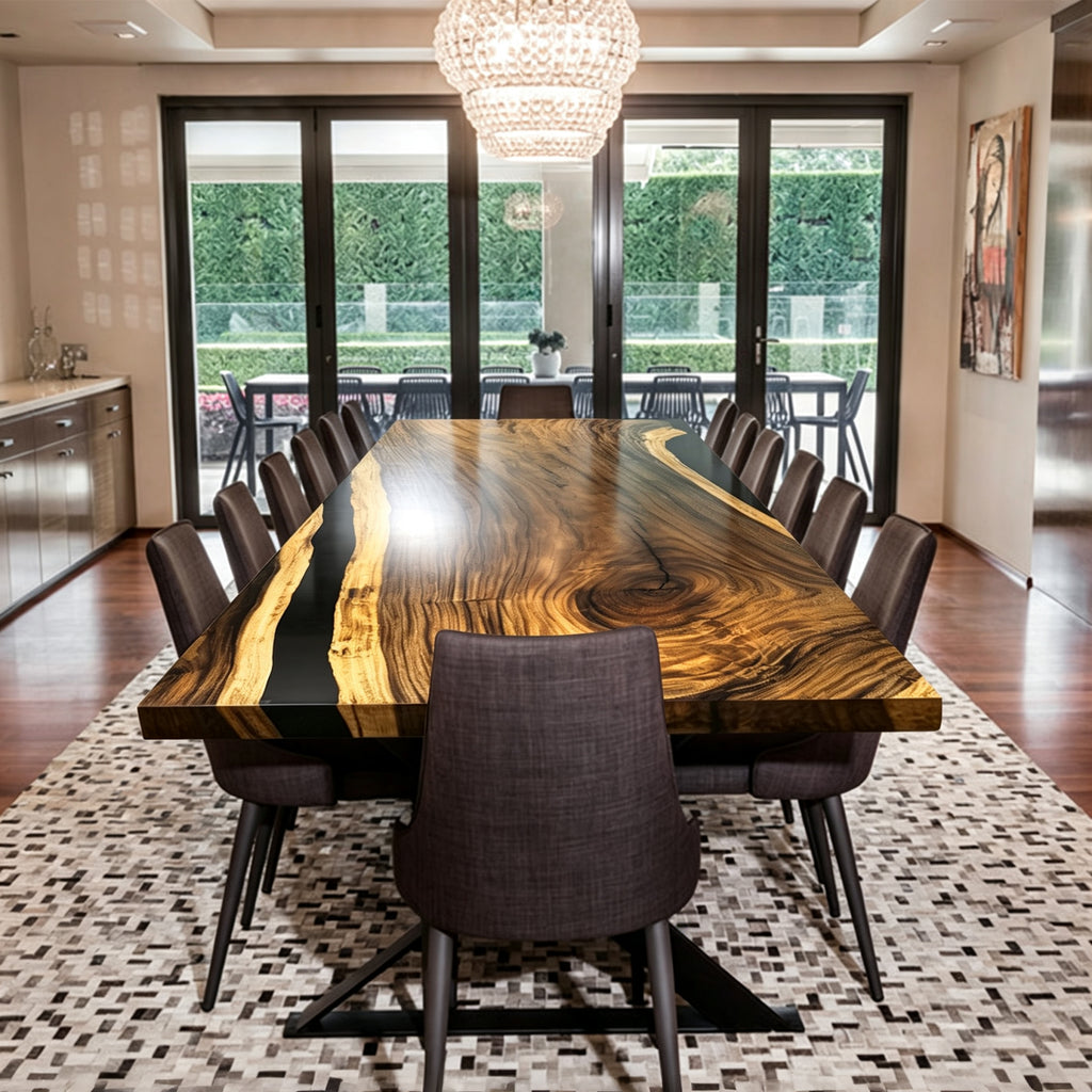 Large size Dining table 12ft long 48" wide for 12 brown wood black epoxy river table