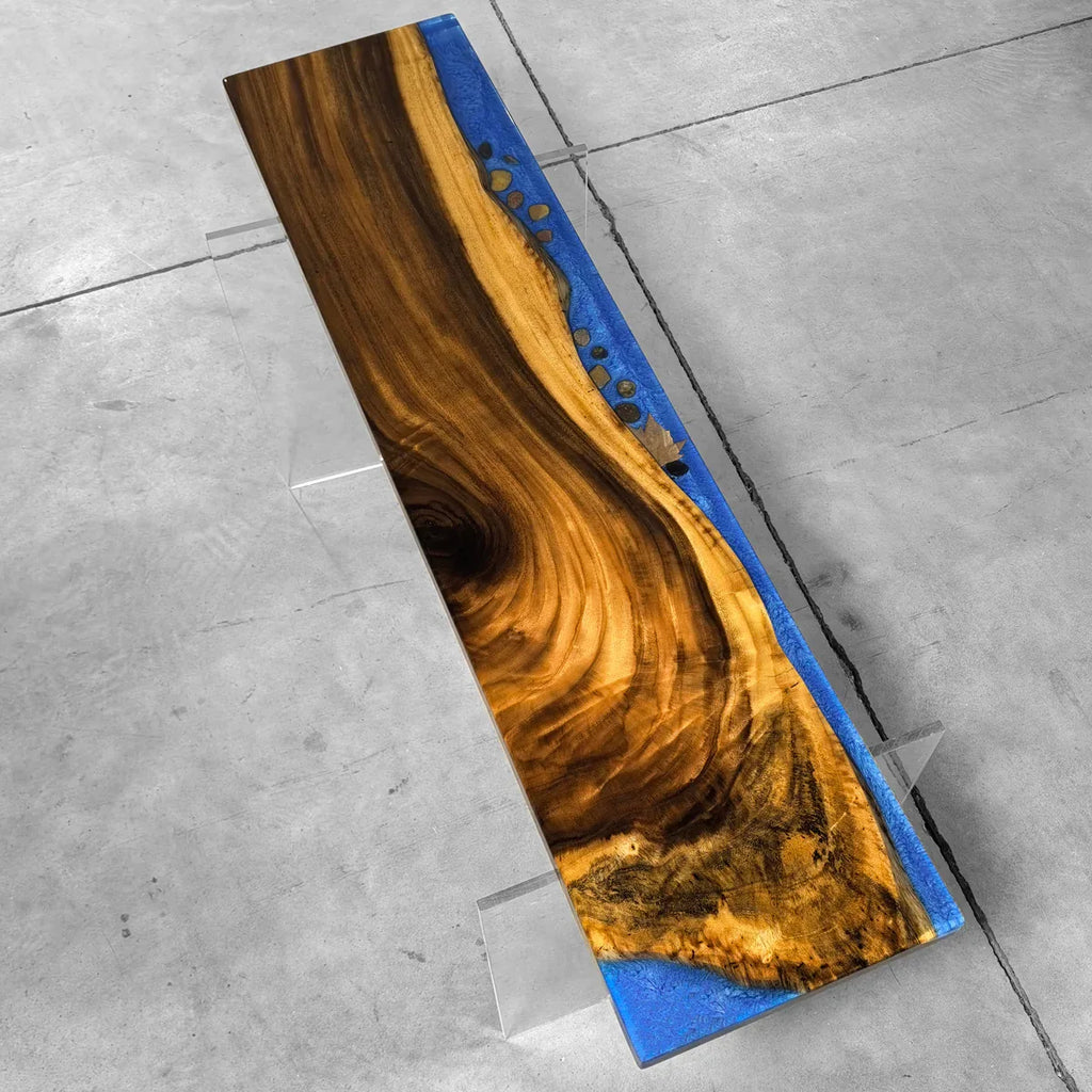 Stylish wood bench with blue resin river natural pebbles rocks leaf handmade bench - MOOKA FURNITURE