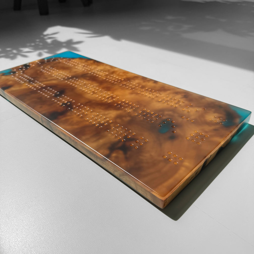 Unique Custom Handmade Luxury burl wood epoxy Cribbage Board