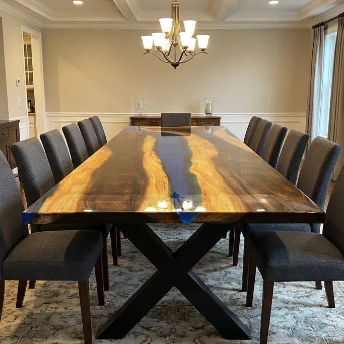 14feet long dining table for 14-16 people unique art style natural wood blue epoxy river table large size - MOOKA FURNITURE