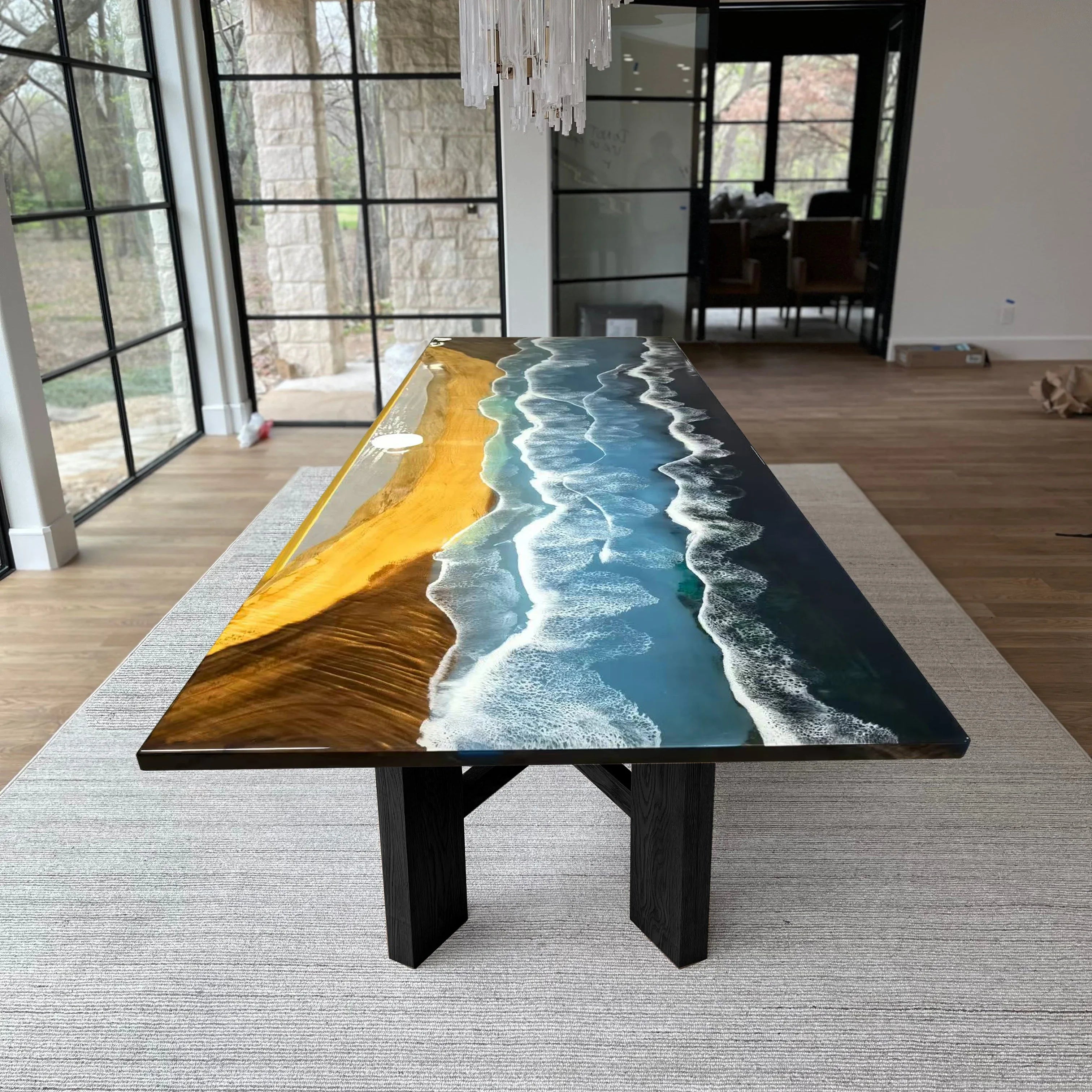Personalized large river table stunning epoxy resin dining table top ocean wave themed wooden centerpiece table for 10-12 people - MOOKA FURNITURE