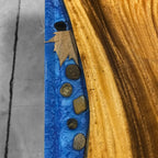 Stylish wood bench with blue resin river natural pebbles rocks leaf handmade bench - MOOKA FURNITURE