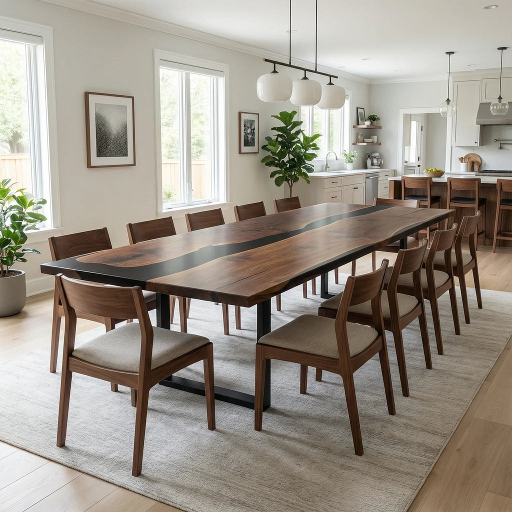 12feet large scale size dining table for 12 people dark walnut black epoxy river table - MOOKA FURNITURE