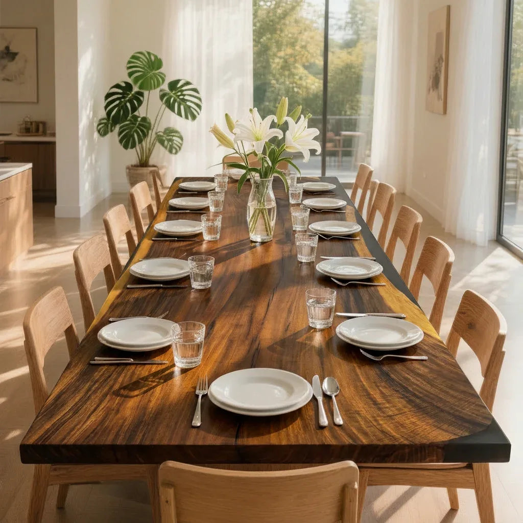 Large size live edge dark walnut wood dining table for 12 people custom made 12foot river table - MOOKA FURNITURE