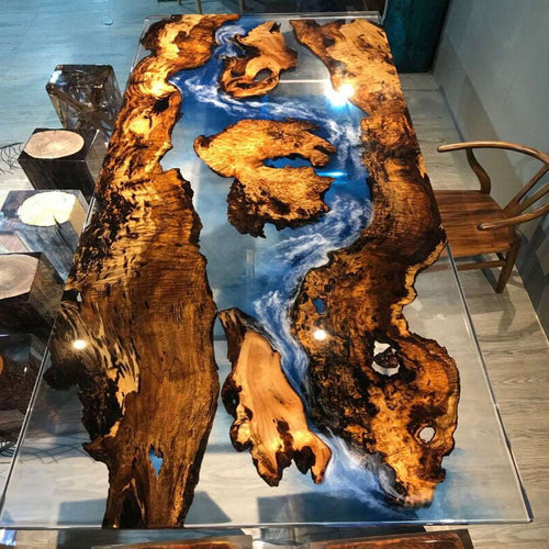 Unique natural wood stylish clear epoxy river table dining table - MOOKAFURNITURE