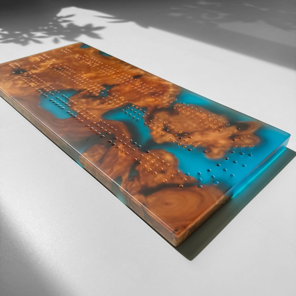 Unique Custom Handmade Luxury burl wood epoxy Cribbage Board
