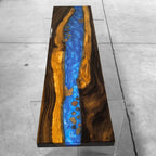 Stylish wood bench with blue resin river natural pebbles rocks leaf handmade bench - MOOKA FURNITURE