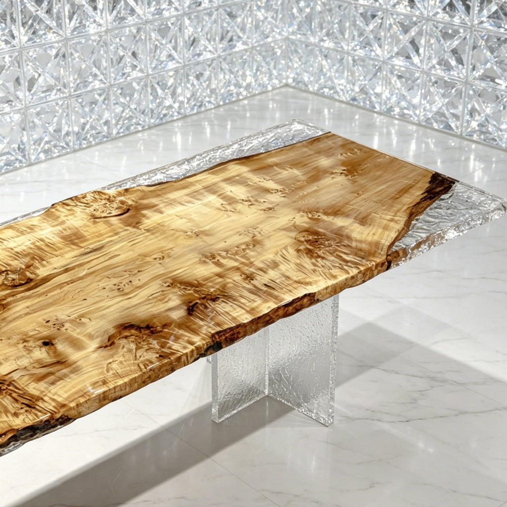 One piece wood dining table made of Poplar tumors with clear epoxy live edge table