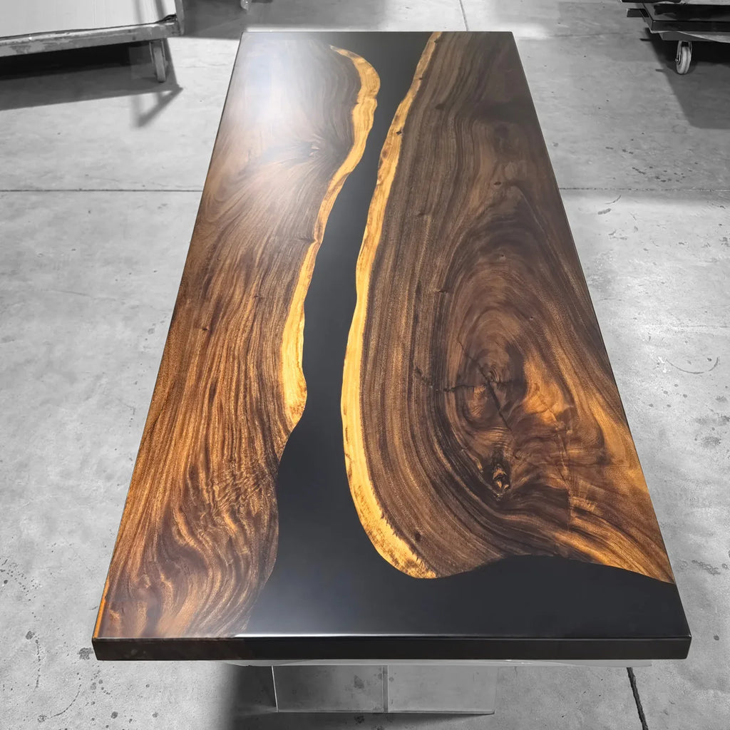 Luxury brown wood with black epoxy river table dining table set with bench - MOOKA FURNITURE