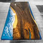 Natural wood dining table with blue epoxy ocean beach wave scene table for 10-12 people - MOOKA FURNITURE