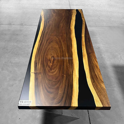 Live edge natural wood black resin river dining table for 8 seater