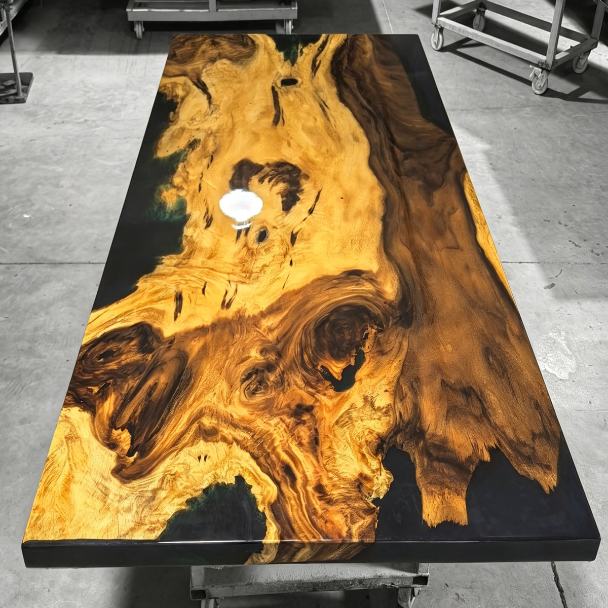Custom made one piece wood dining table with deep blue epoxy exotic wood table for 8 10 people