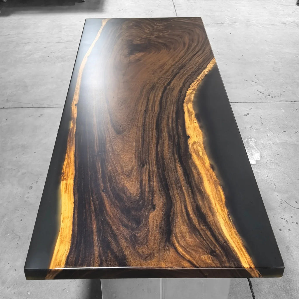 One piece natural wood with frosted grey epoxy river table dining table for 6-8 people - MOOKA FURNITURE