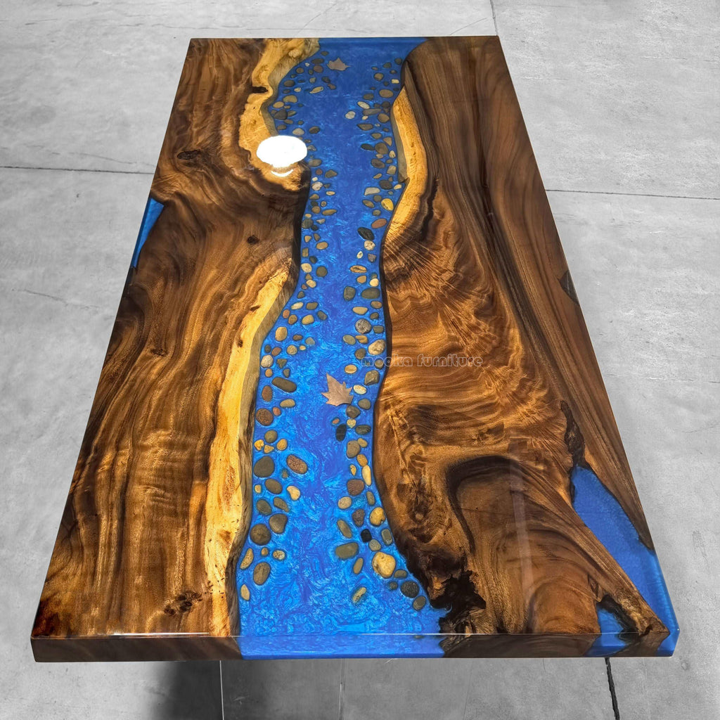 Customized wood dining table with blue resin river w/ natural pebbles rocks leaf stylish table for 6/8/10 people - MOOKA FURNITURE