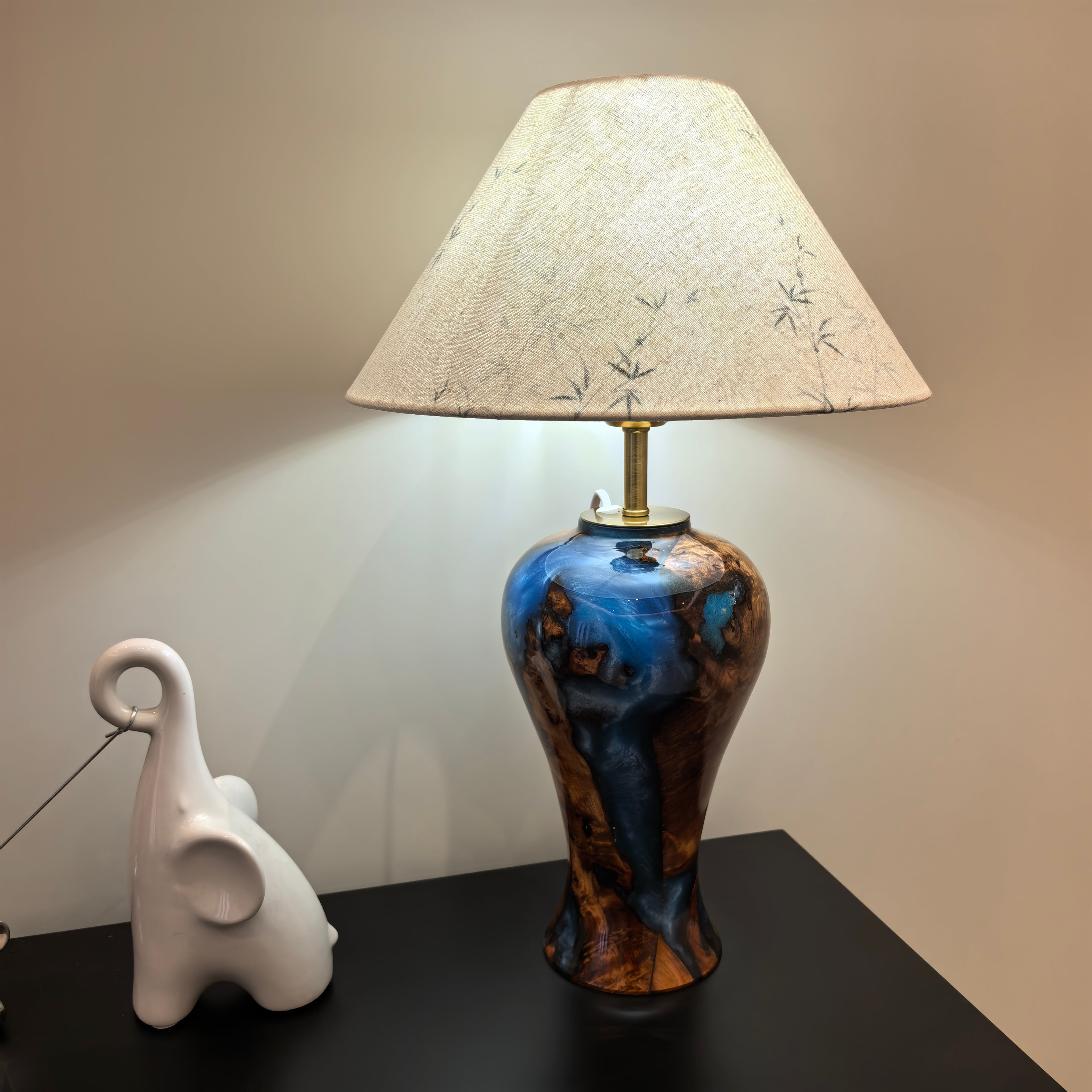 Hand-carved one-of-a-kind Burl Wood Resin table Lamp