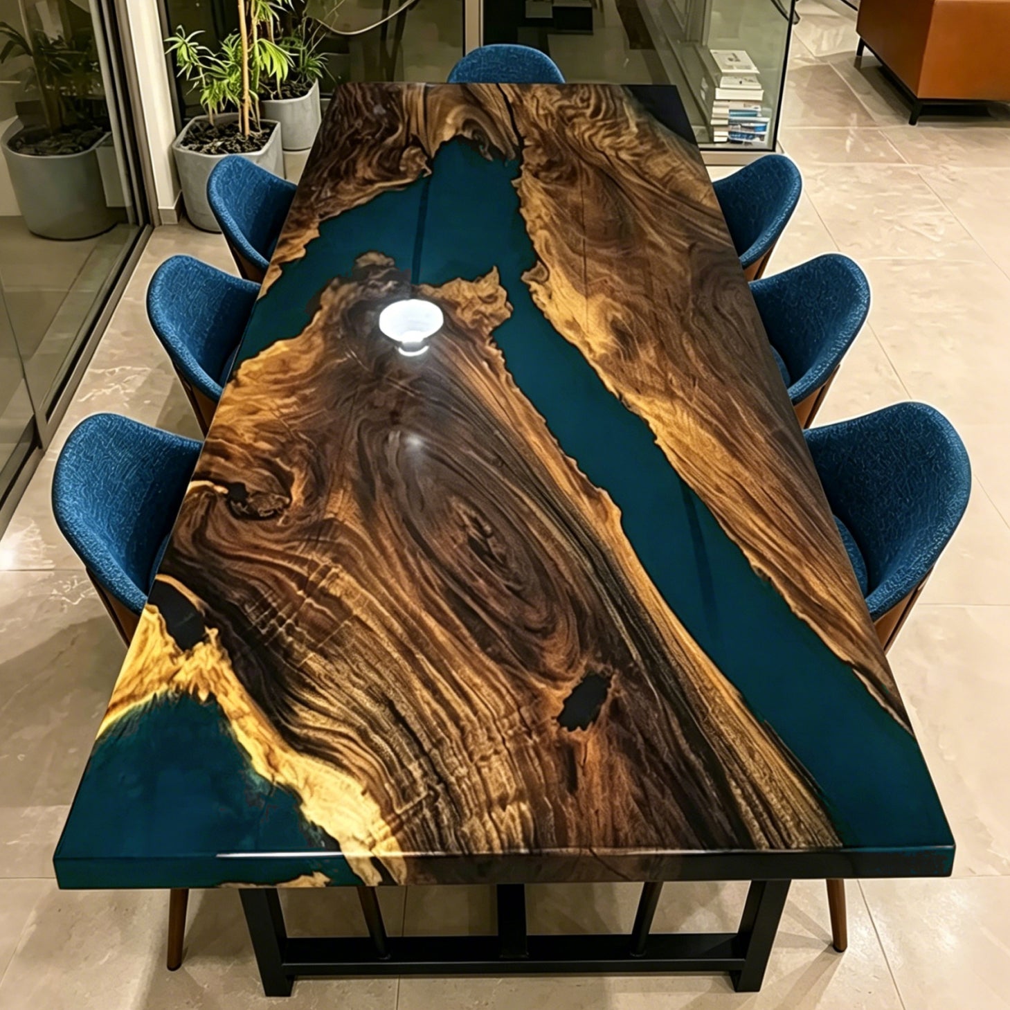 Deep blue epoxy luxury unique exotica wood dining table for 8 people
