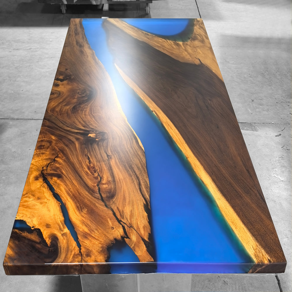 Custom made blue epoxy river solid natural wood dining table for 8 seats