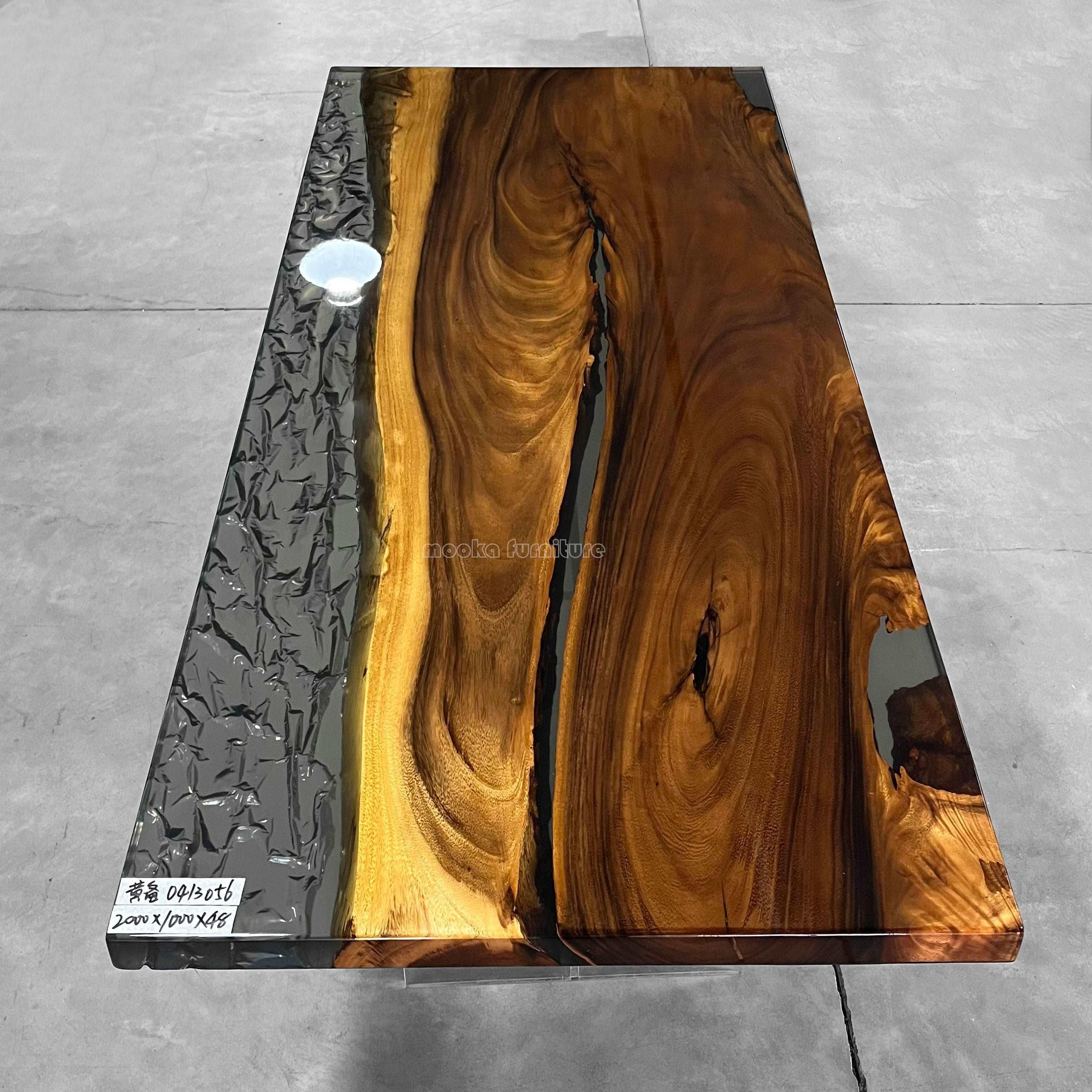 Live edge one-piece natural wood grey epoxy with wave river table dining table for 8 seaters - MOOKA FURNITURE