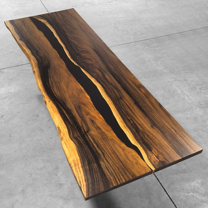 Hard wood dining table for 10 people with black river and live edge