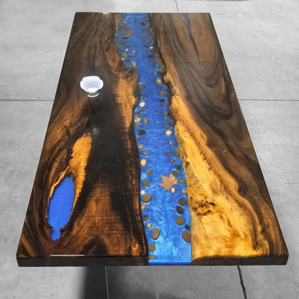 Stylish dining table with blue resin river natural pebbles rocks leaf handmade table for 6-8 people - MOOKA FURNITURE