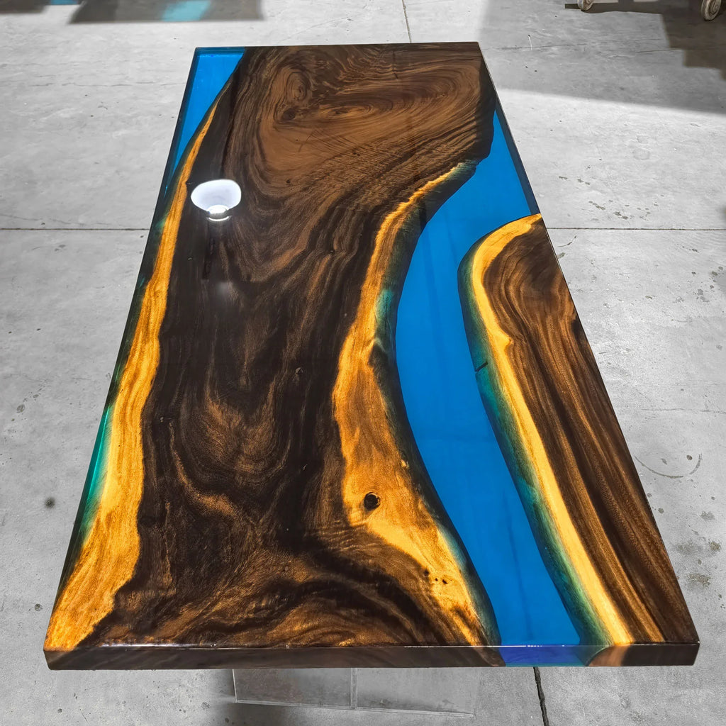 Luxury natural wood with blue epoxy dining river table for 6-8 people - MOOKA FURNITURE