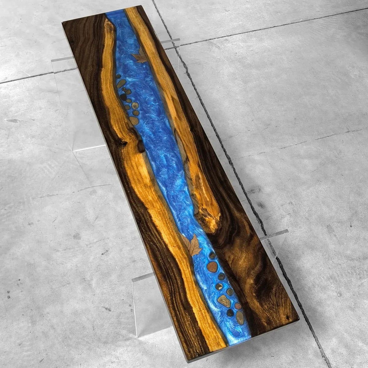 Stylish wood bench with blue resin river natural pebbles rocks leaf handmade bench - MOOKA FURNITURE