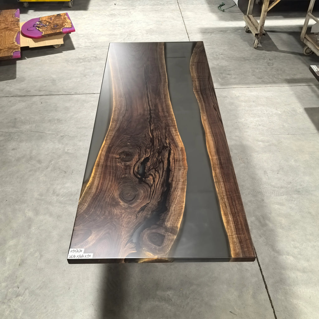 Luxury black walnut dining table with clear grey river dining table for 8-10 people - MOOKA FURNITURE