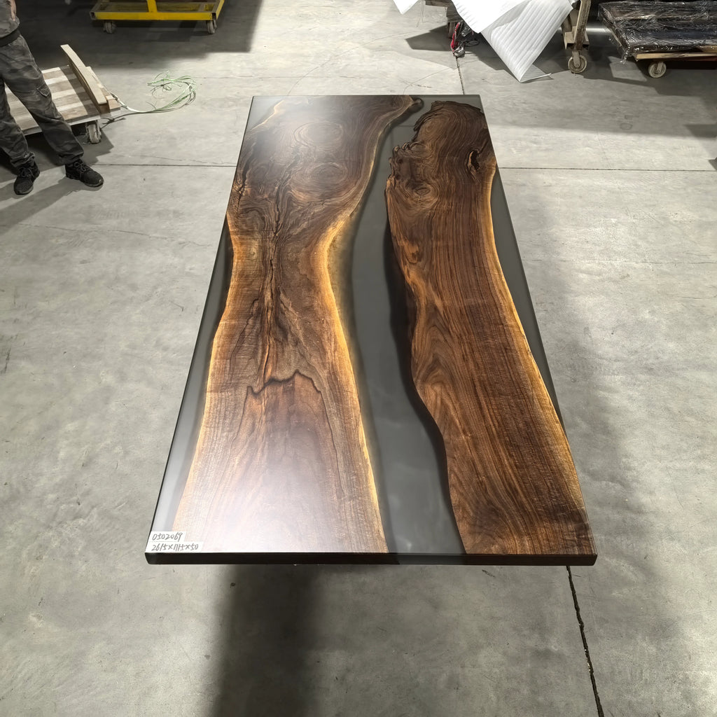 Luxury black walnut dining table with clear grey river dining table for 8-10 people - MOOKA FURNITURE