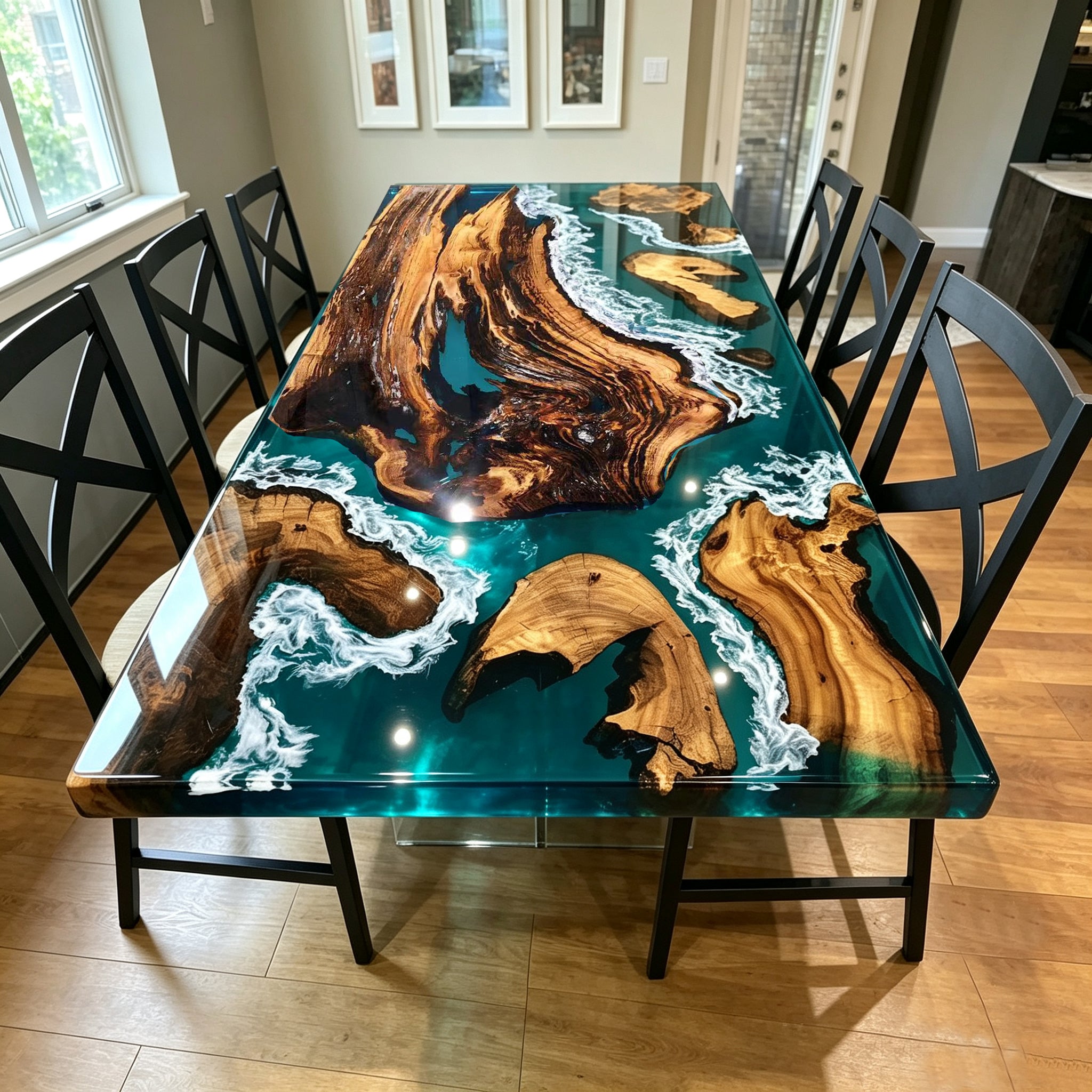 Turquoise creative resin wood customized dining table of clear blue green epoxy river table free shipping