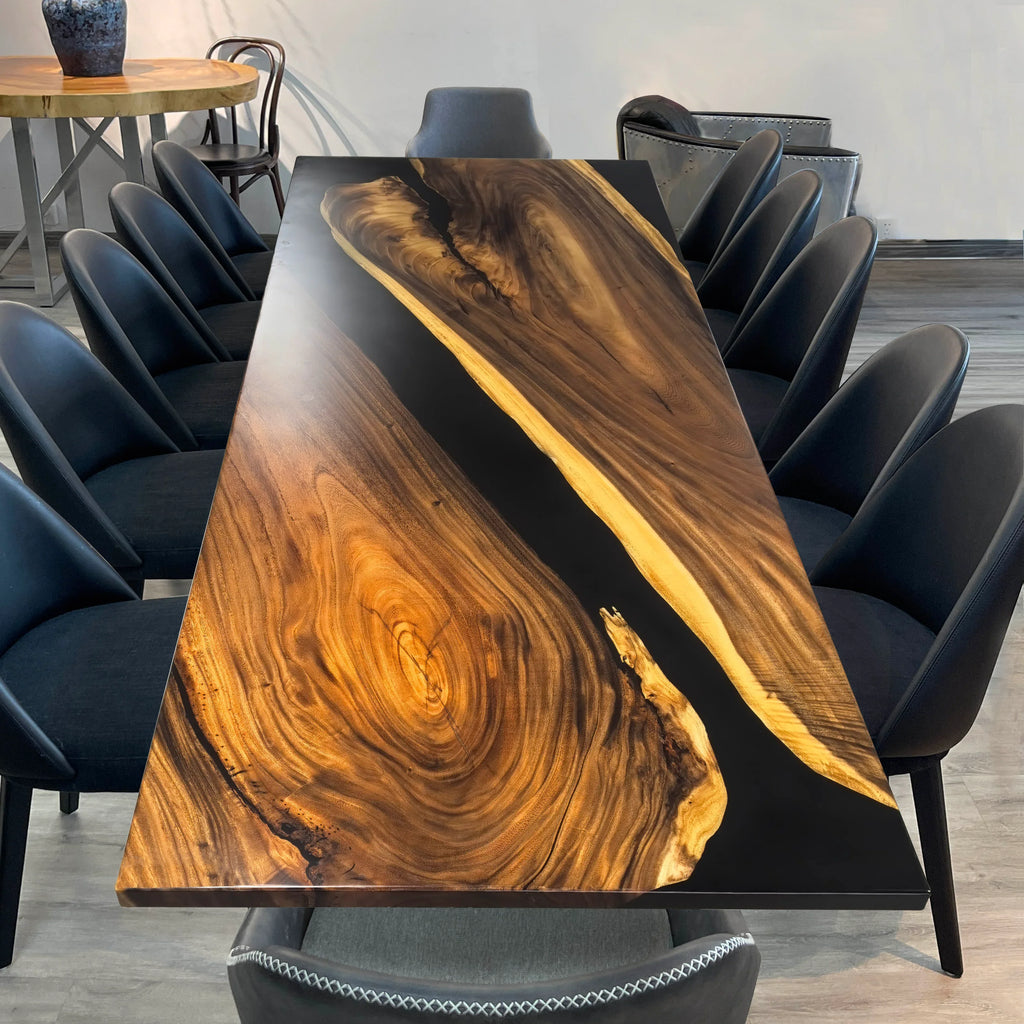 120 inch black resin river wood dining table for 10-12 people - MOOKA FURNITURE
