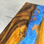 Stylish wood bench with blue resin river natural pebbles rocks leaf handmade bench - MOOKA FURNITURE