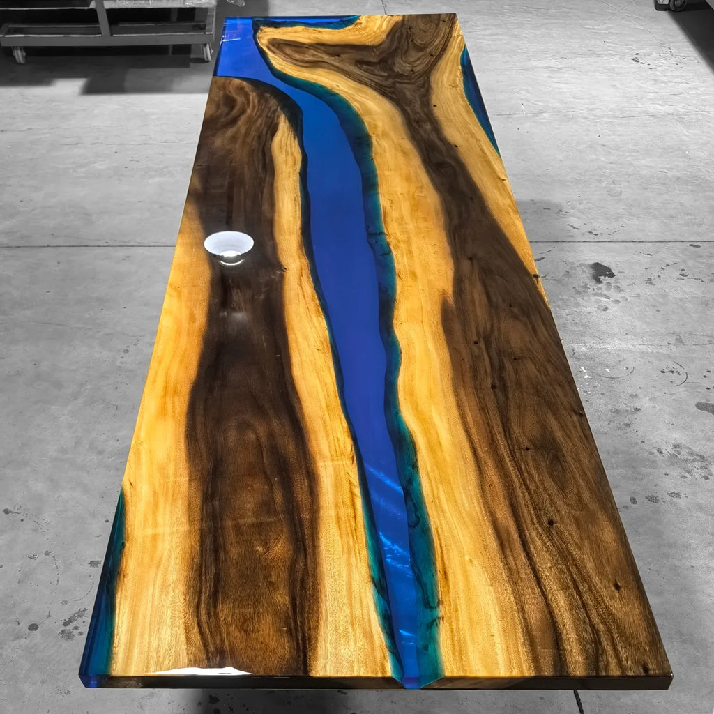 14feet long dining table for 14-16 people unique art style natural wood blue epoxy river table large size - MOOKA FURNITURE