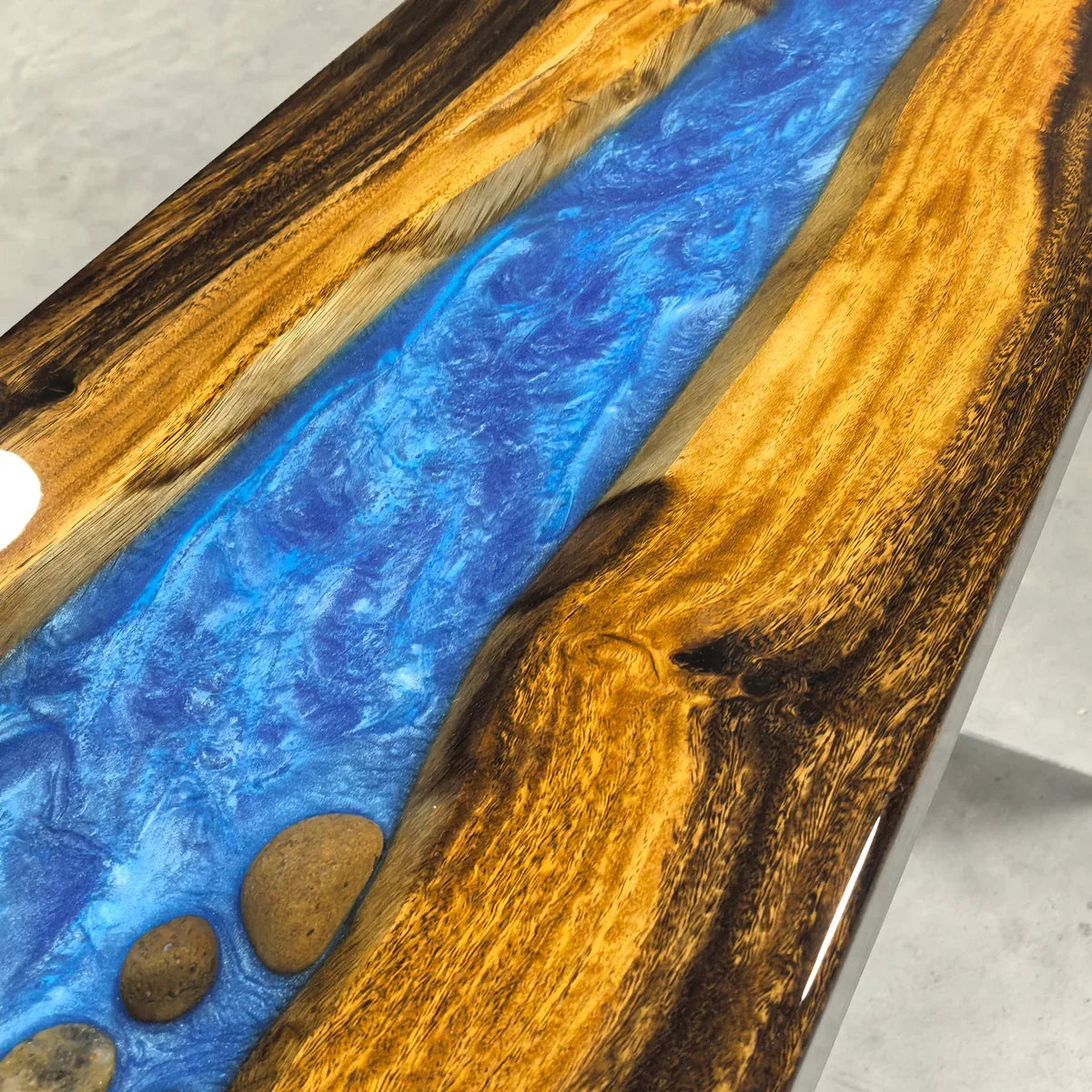 Stylish wood bench with blue resin river natural pebbles rocks leaf handmade bench - MOOKA FURNITURE