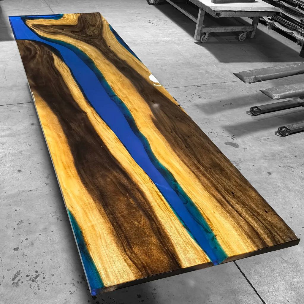 14feet long dining table for 14-16 people unique art style natural wood blue epoxy river table large size - MOOKA FURNITURE