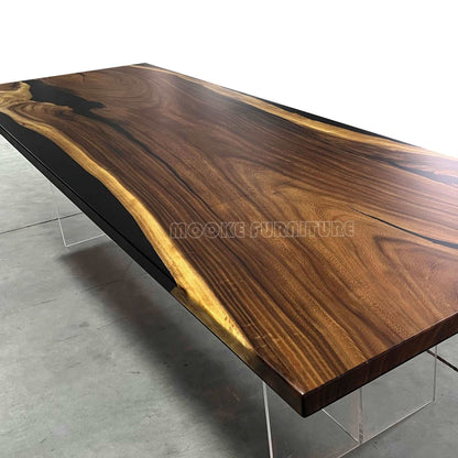 Luxury live edge solid wood black resin dining river table for 10 person