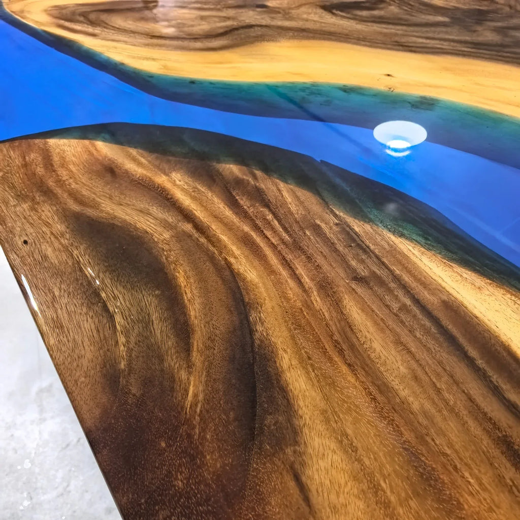 14feet long dining table for 14-16 people unique art style natural wood blue epoxy river table large size - MOOKA FURNITURE