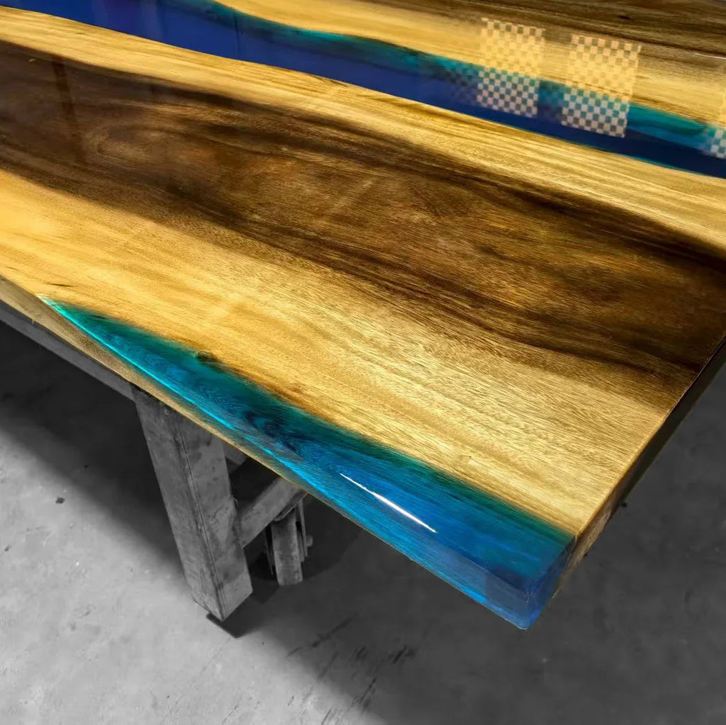 14feet long dining table for 14-16 people unique art style natural wood blue epoxy river table large size - MOOKA FURNITURE