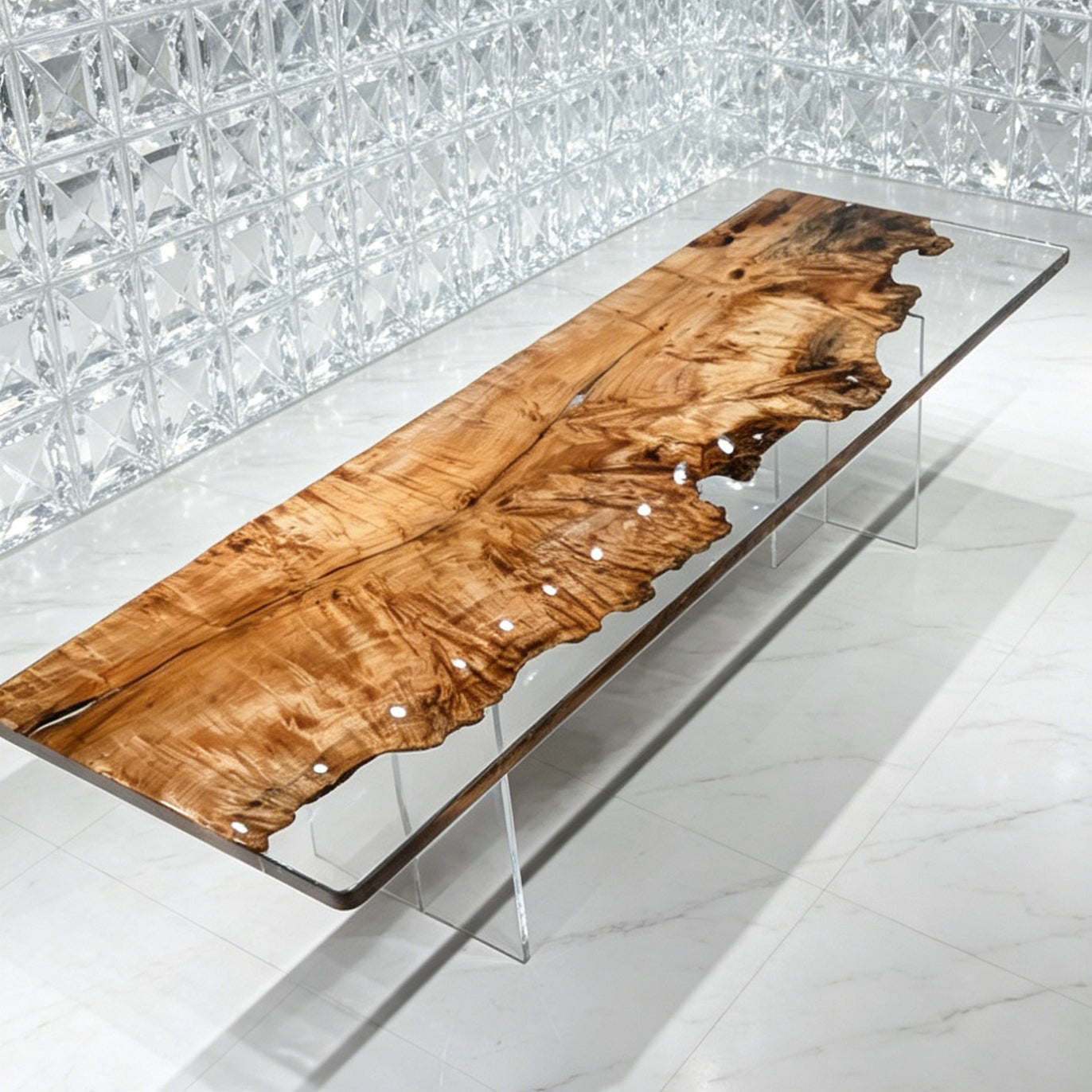 One piece wood dining table made of Poplar tumors with clear epoxy