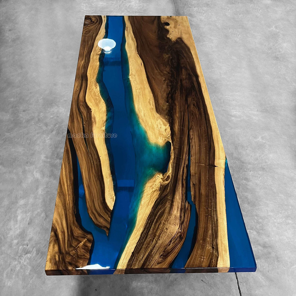 Rustic wood clear cobalt blue epoxy river wild style dining table for 8-10 people - MOOKA FURNITURE